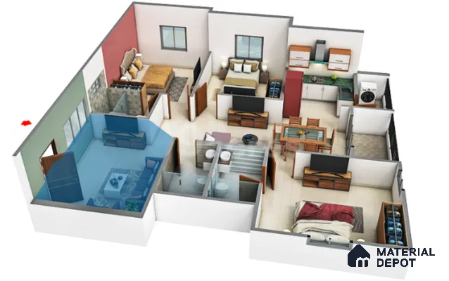 Modern living room with white floor tiles, green accent wall paint, and wooden TV unit in 3 BHK apartment SVS Springs Bommasandra Bengaluru