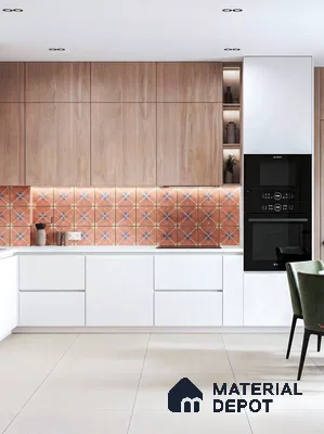Modern kitchen with light oak laminate, white laminate base cabinets, and terracotta patterned backsplash tiles in 3 BHK apartment SVS Springs Bommasandra Bengaluru