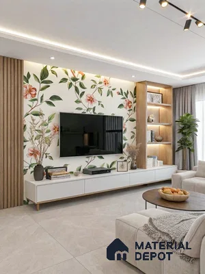 Modern living room with floral wallpaper, wooden louvers, and white laminate TV unit in 3 BHK apartment SVS Springs Bommasandra Bengaluru