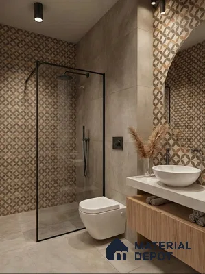 Modern bathroom with geometric patterned wall tiles, beige stone tiles, and light wood vanity
