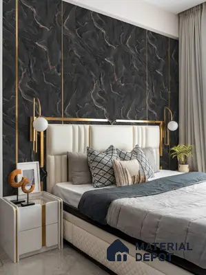 Art Deco bedroom with black marble-look wall panels and gold accent trims