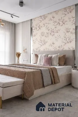 Modern bedroom with beige floral wallpaper, suede upholstered bed, and marble floor tile