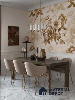 Modern dining room with floral wallpaper and white marble floor tiles