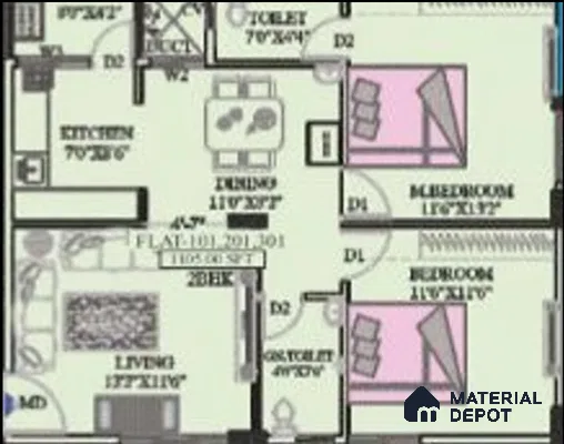 Modern 2BHK apartment floor plan with living, dining, kitchen, and two bedrooms