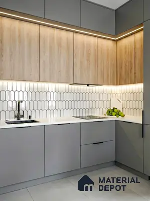 Modern kitchen with light oak wood laminate, grey matte laminate, and white scallop backsplash tile