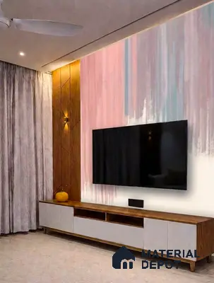 Modern TV unit with pastel abstract wallpaper, walnut wood laminate, and matte beige cabinet shutters