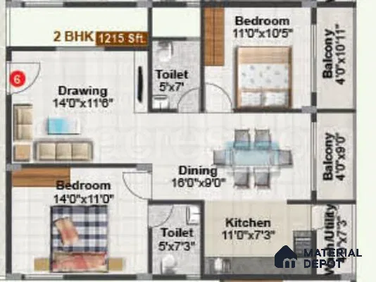 Modern 2BHK apartment layout with tiled flooring and open plan living-dining area