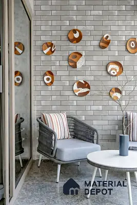 Scandinavian balcony with grey brick wall tiles and terrazzo floor