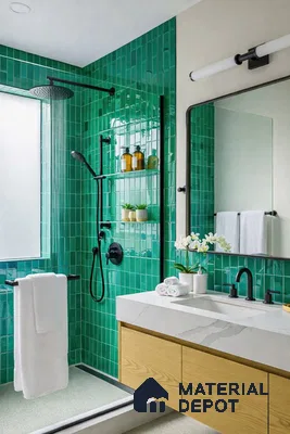 Modern bathroom with emerald green subway wall tiles, white marble countertop, and light wood vanity