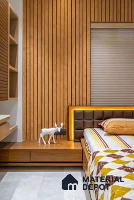 Modern bedroom with vertical wood louver panels and upholstered headboard