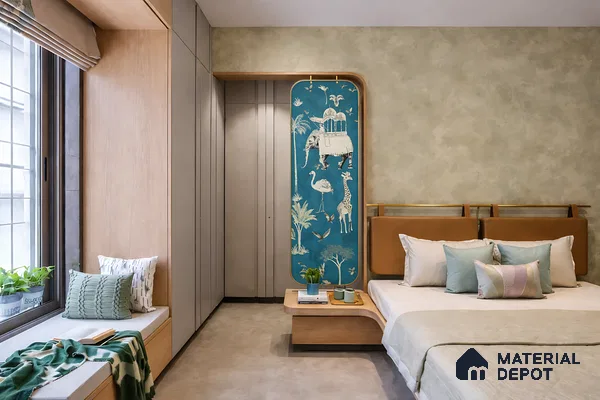 Japandi bedroom with animal print blue wallpaper, suede upholstered headboard, and light wood finishes