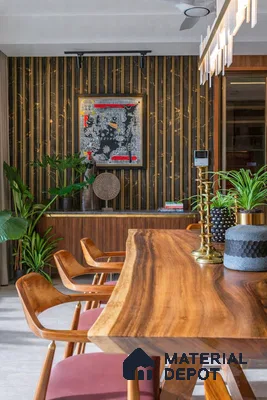 Mid-century modern dining room with live edge wood table, walnut fluted cabinet, and black marble gold-accent wall panels