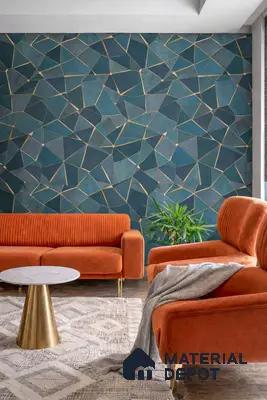 Art Deco living room with geometric blue wallpaper and orange velvet sofa
