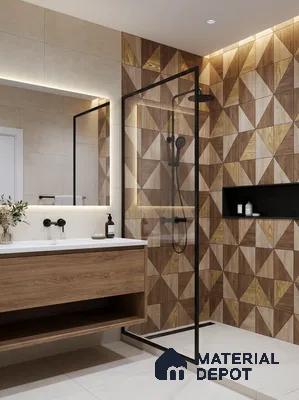 Modern bathroom with geometric wood-look wall tiles and light oak vanity