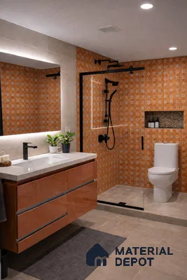 Modern bathroom with terracotta patterned wall tiles, beige floor tiles, and glossy wood vanity