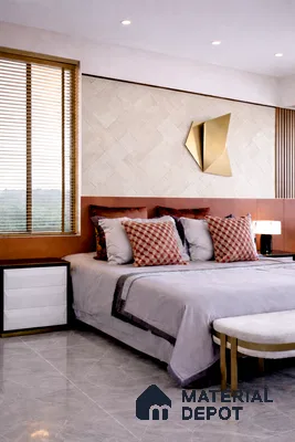Modern bedroom with beige textured wall panels, marble floor tiles, and gold accent decor