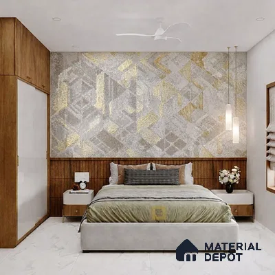 Modern bedroom with geometric gold and grey wallpaper, wood laminate wardrobe, and marble floor tiles