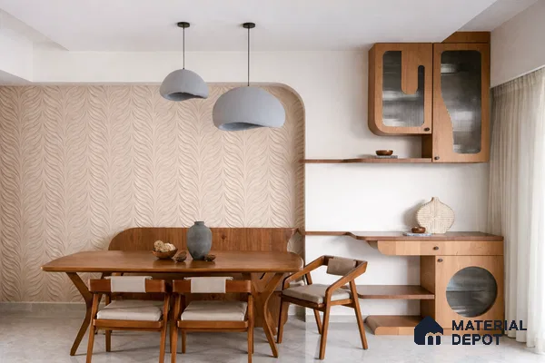 Mid-century modern dining room with beige 3D patterned wallpaper and walnut wood furniture
