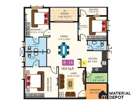 Modern 3BHK apartment floor plan with tiled bathrooms, modular kitchen, and utility area