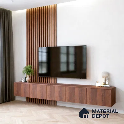 Modern TV unit with walnut wood laminate, vertical wooden louvers, and light herringbone floor tile