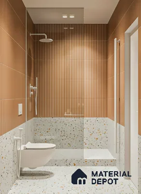 Modern bathroom with terracotta vertical wall tiles and terrazzo wall and floor tiles in Salarpuria Symphony Electronic City 3 BHK apartment Bengaluru