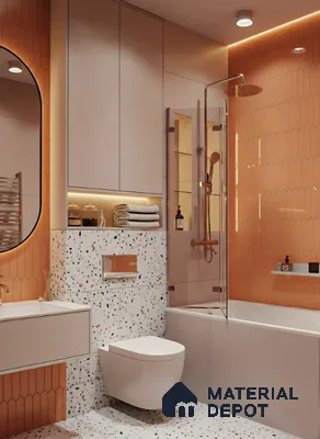 Modern bathroom with orange kitkat wall tiles and terrazzo floor and wall tiles in Salarpuria Symphony Electronic City 3 BHK apartment Bengaluru
