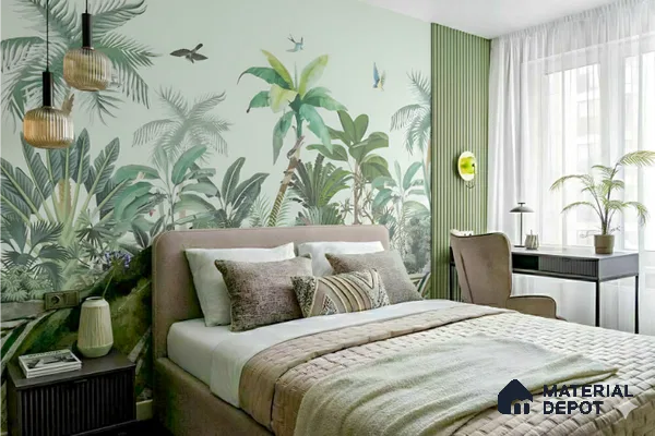 Scandinavian bedroom with tropical wallpaper, sage green fluted wall panels, and upholstered bed in Salarpuria Symphony Electronic City 3 BHK apartment Bengaluru