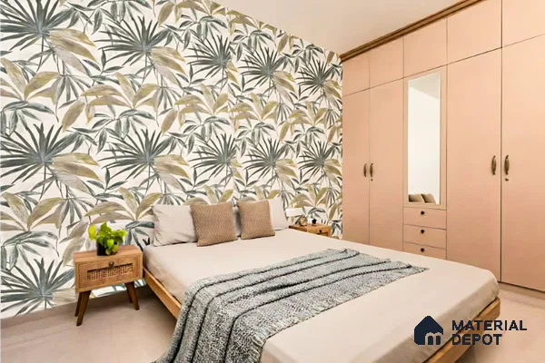 Scandinavian bedroom with tropical wallpaper accent wall and pastel beige laminate wardrobe in Salarpuria Symphony Electronic City 3 BHK apartment Bengaluru