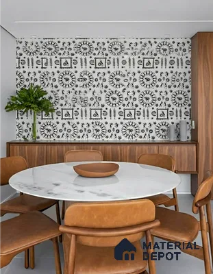 Mid-century modern dining room with patterned wallpaper, walnut wood cabinetry, and white marble dining table in Salarpuria Symphony Electronic City 3 BHK apartment Bengaluru