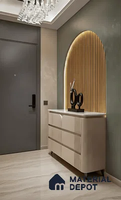 Modern foyer with beige marble floor, arched wooden louver panel, and glossy cream console in Salarpuria Symphony Electronic City 3 BHK apartment Bengaluru
