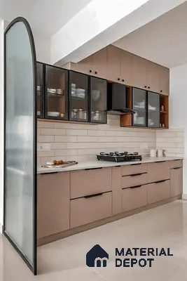 Modern kitchen with taupe laminate cabinets, fluted glass shutters, and white subway tile backsplash in Salarpuria Symphony Electronic City 3 BHK apartment Bengaluru