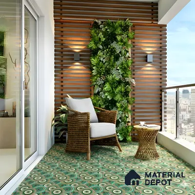 Modern balcony with geometric patterned floor tiles, wooden louvers, and vertical green wall