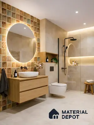 Modern bathroom with patterned highlighter wall tiles, beige stone-look tiles, and light oak floating vanity
