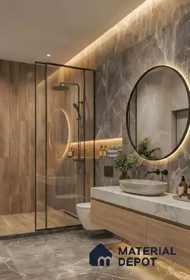 Modern bathroom with grey marble wall and floor tiles, wood-look wall tiles, and floating marble vanity