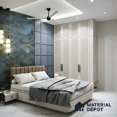 Modern bedroom with blue textured accent wall, beige upholstered bed, and frosty white dual tone wardrobe