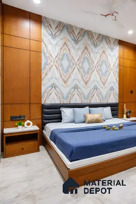Modern bedroom with walnut wood laminate paneling and blue-grey marble-look wallpaper accent wall