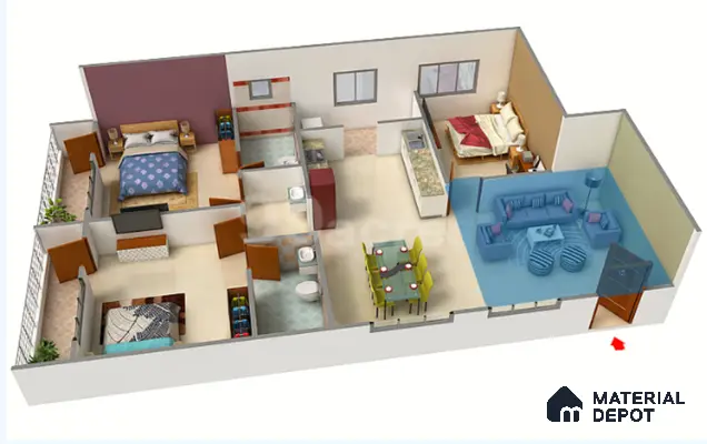 Modern Floor Plan with beige tile flooring, pastel upholstery, and accent wall panels