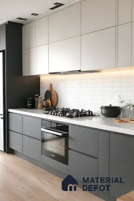 Modern kitchen with matte grey and frosty white laminate, white quartz countertop, and vertical white subway backsplash tile