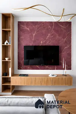 Modern living room with burgundy gold-vein wallpaper and light oak laminate TV unit