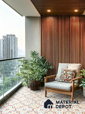 Modern balcony with patterned moroccan floor tiles and vertical wooden louvers in 3 BHK apartment Sankalp Cherry Blossom Varthur Bengaluru