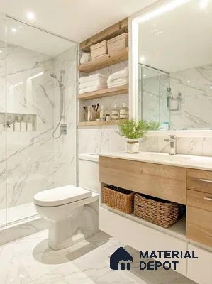 Scandinavian bathroom with white marble tiles and light oak wood vanity in 3 BHK apartment Sankalp Cherry Blossom Varthur Bengaluru