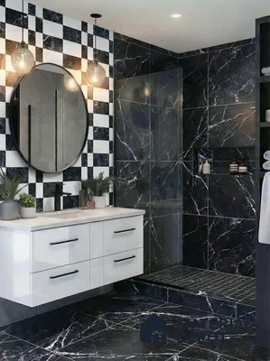 Modern bathroom with black marble wall tiles, checkerboard accent wall, and floating white vanity in 3 BHK apartment Sankalp Cherry Blossom Varthur Bengaluru