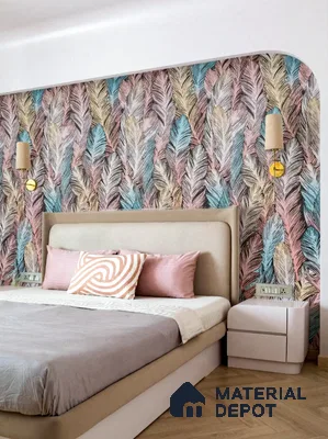 Eclectic bedroom with pastel feather patterned wallpaper and beige upholstered bed in 3 BHK apartment Sankalp Cherry Blossom Varthur Bengaluru