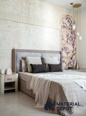 Japandi bedroom with suede upholstered bed, floral chinoiserie wallpaper, and neutral textured wall panels in 3 BHK apartment Sankalp Cherry Blossom Varthur Bengaluru