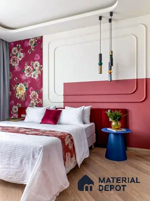 Eclectic bedroom with floral wallpaper, dual-tone pink accent wall, and light oak wooden flooring in 3 BHK apartment Sankalp Cherry Blossom Varthur Bengaluru