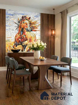 Modern dining room with walnut wood dining set, wooden fluted wall panels, and mosaic horse art accent wall in 3 BHK apartment Sankalp Cherry Blossom Varthur Bengaluru