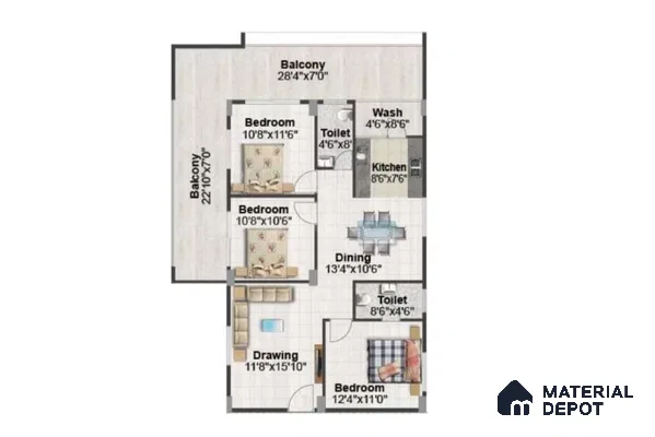 Modern apartment floor plan with tiled flooring and open balcony spaces in 3 BHK apartment Sankalp Cherry Blossom Varthur Bengaluru