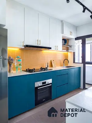 Modern dual tone kitchen with teal blue laminate, frosty white laminate, and mustard yellow subway backsplash tiles in 3 BHK apartment Sankalp Cherry Blossom Varthur Bengaluru
