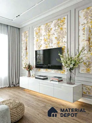 Modern living room with floral wallpaper, white high gloss TV unit, and light oak wooden flooring in 3 BHK apartment Sankalp Cherry Blossom Varthur Bengaluru