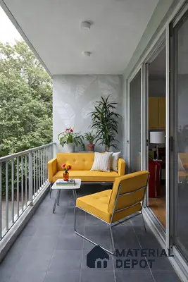 Modern balcony with grey floor tiles, botanical wallpaper, and yellow upholstered seating
